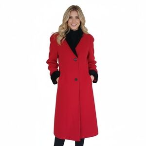 Vintage Statement Red 100% Wool High Collar Trench Coat Black Trim M